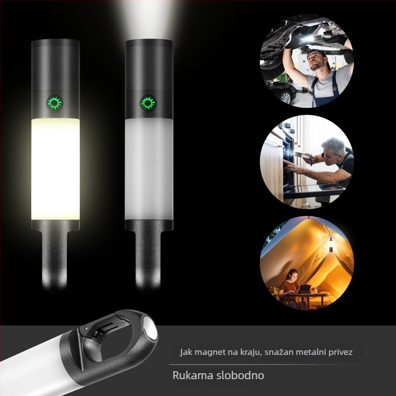 Xin Jiayi punjiva LED baterija za kampiranje s COB bočnim svjetlom — kućište od aluminijske legure, 1200 mAh baterija, domet >500 m, ručni pogon