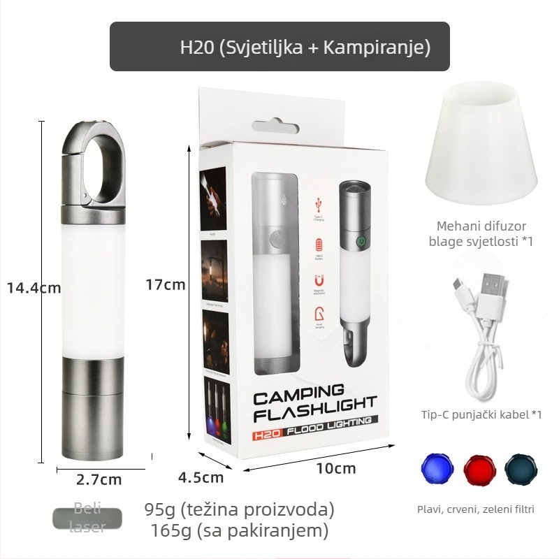 Xin Jiayi punjiva LED baterija za kampiranje s COB bočnim svjetlom — kućište od aluminijske legure, 1200 mAh baterija, domet >500 m, ručni pogon