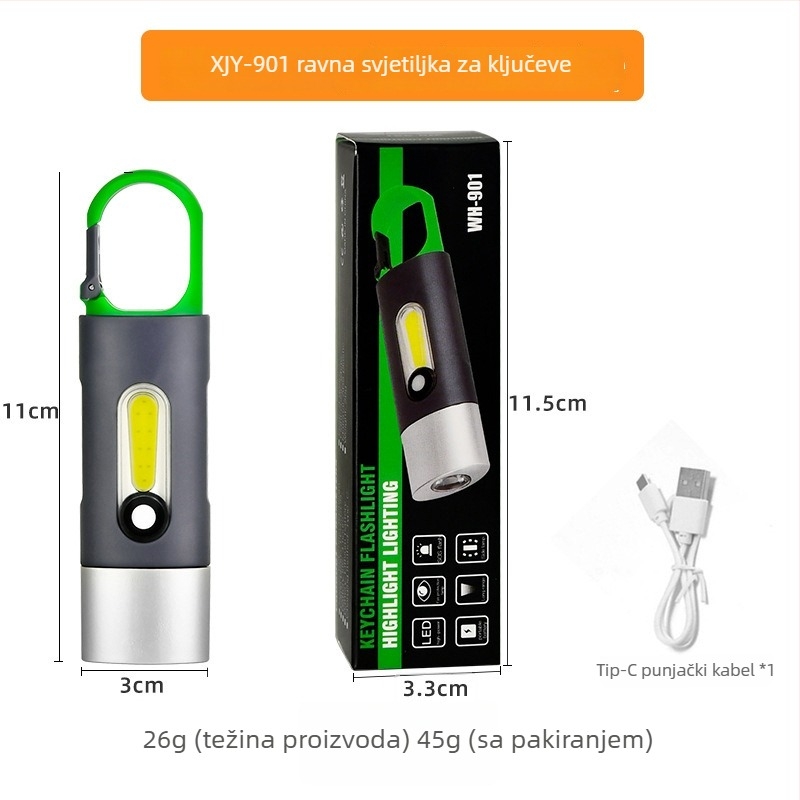 Xin Jiayi punjiva LED baterija za kampiranje s COB bočnim svjetlom — kućište od aluminijske legure, 1200 mAh baterija, domet >500 m, ručni pogon