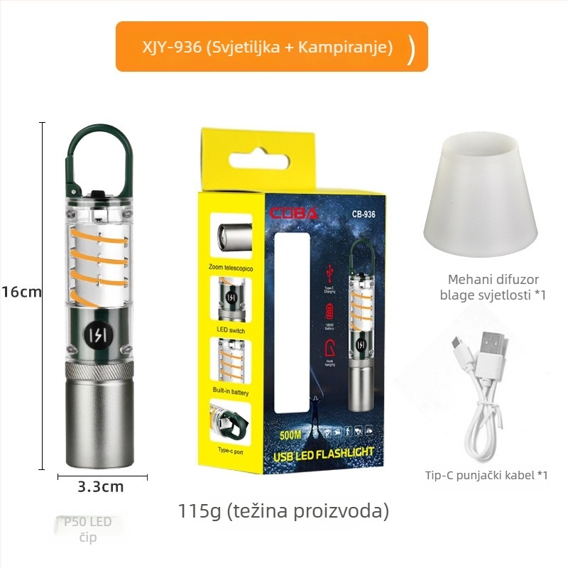 Xin Jiayi punjiva LED baterija za kampiranje s COB bočnim svjetlom — kućište od aluminijske legure, 1200 mAh baterija, domet >500 m, ručni pogon