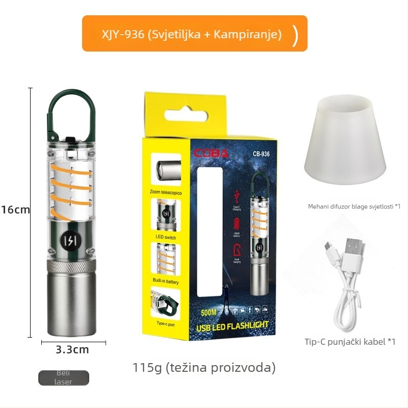 Xin Jiayi punjiva LED baterija za kampiranje s COB bočnim svjetlom — kućište od aluminijske legure, 1200 mAh baterija, domet >500 m, ručni pogon