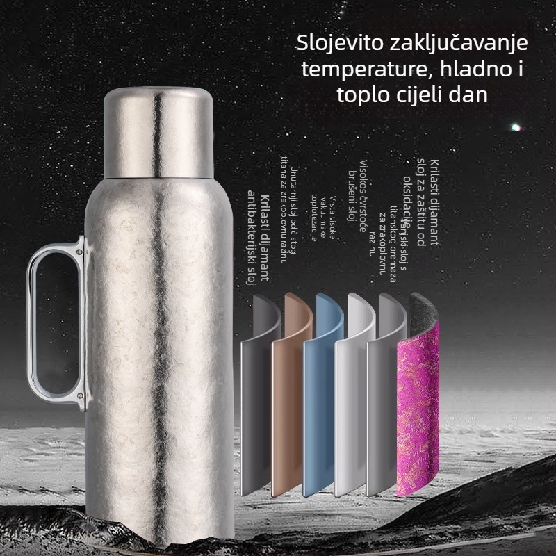 Titanska izolirana šalica s odjeljkom za čaj i vodu, unutarnji titan spremnik, vanjski titan kućište, vakuumska izolacija 12–24 h, s ručkom