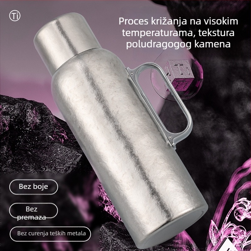 Titanska izolirana šalica s odjeljkom za čaj i vodu, unutarnji titan spremnik, vanjski titan kućište, vakuumska izolacija 12–24 h, s ručkom
