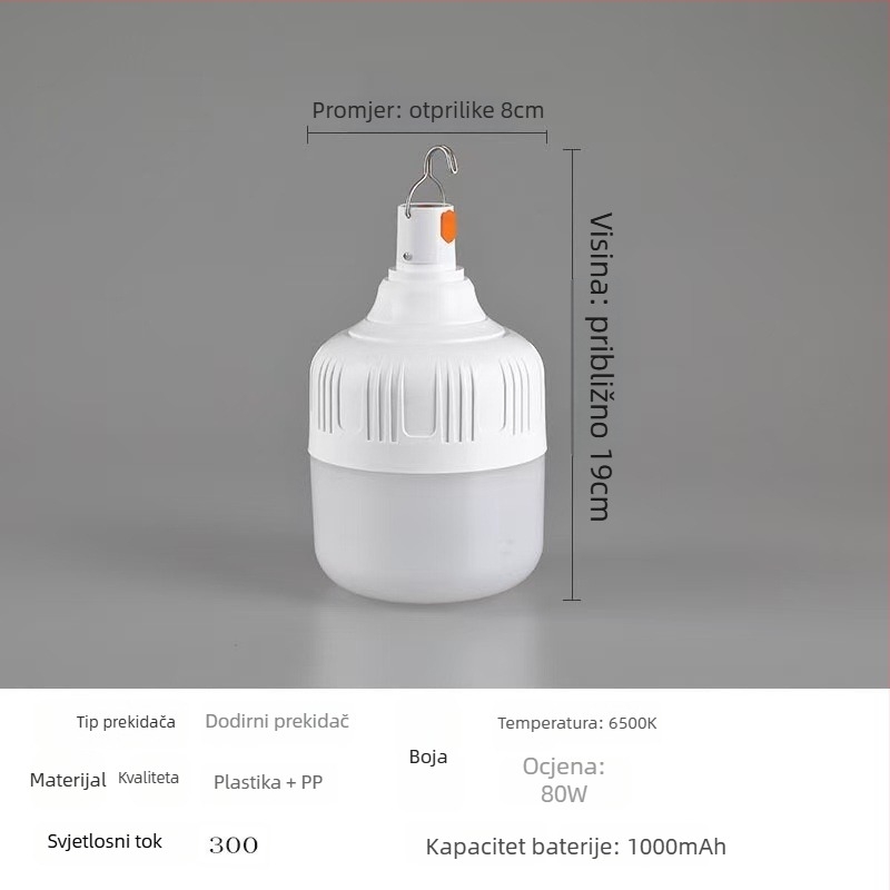 LED kamping svjetiljka s USB punjenjem, 5V, 10W, gumb prekidač
