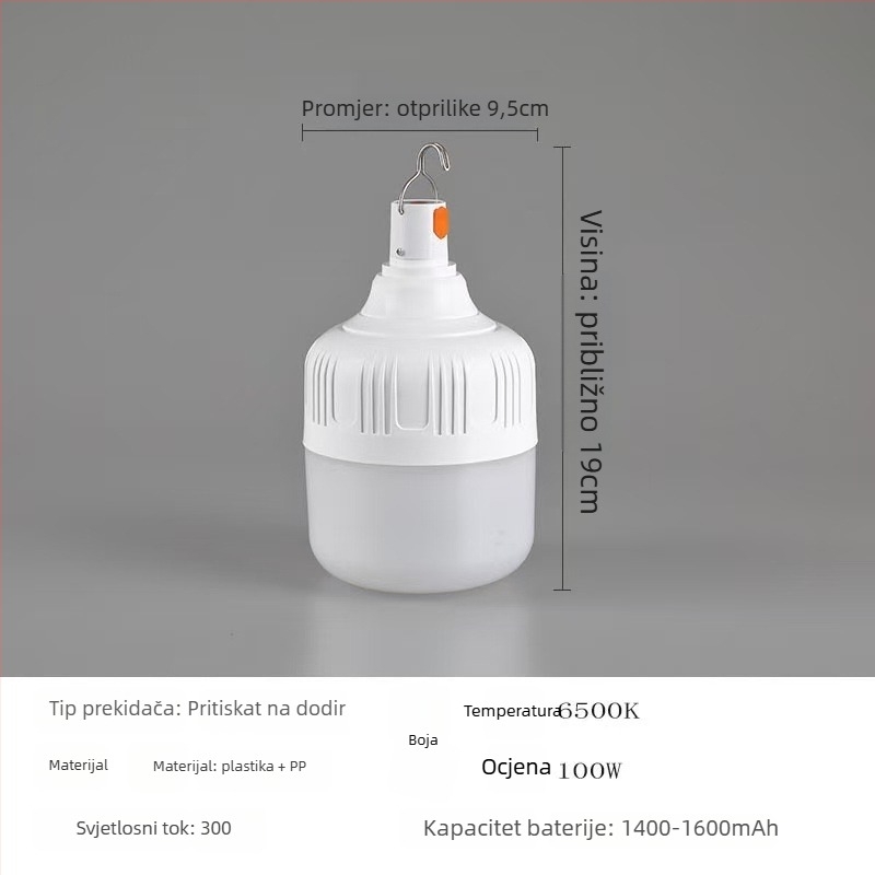 LED kamping svjetiljka s USB punjenjem, 5V, 10W, gumb prekidač