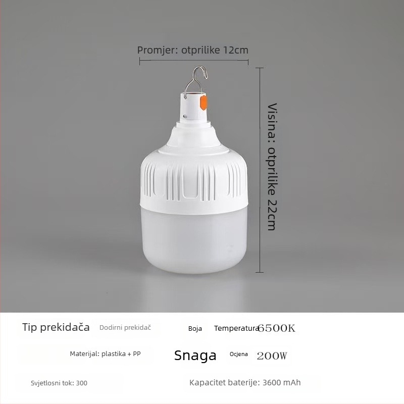 LED kamping svjetiljka s USB punjenjem, 5V, 10W, gumb prekidač