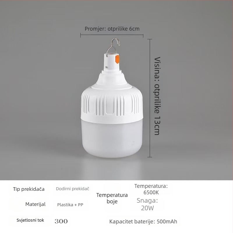 LED kamping svjetiljka s USB punjenjem, 5V, 10W, gumb prekidač