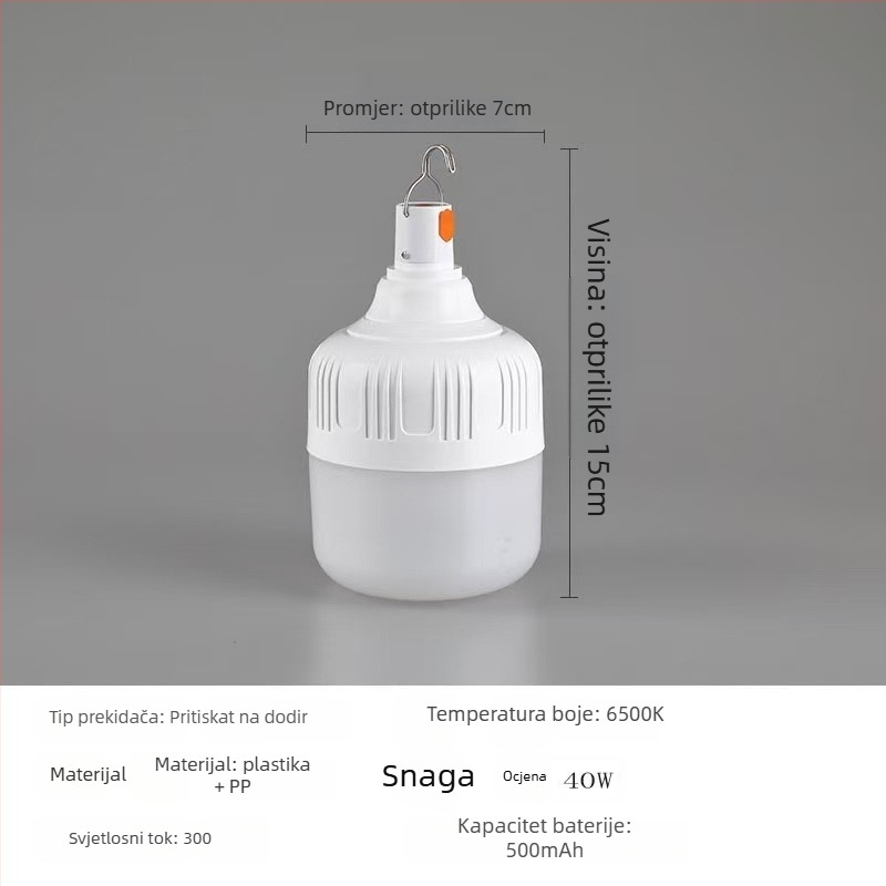 LED kamping svjetiljka s USB punjenjem, 5V, 10W, gumb prekidač