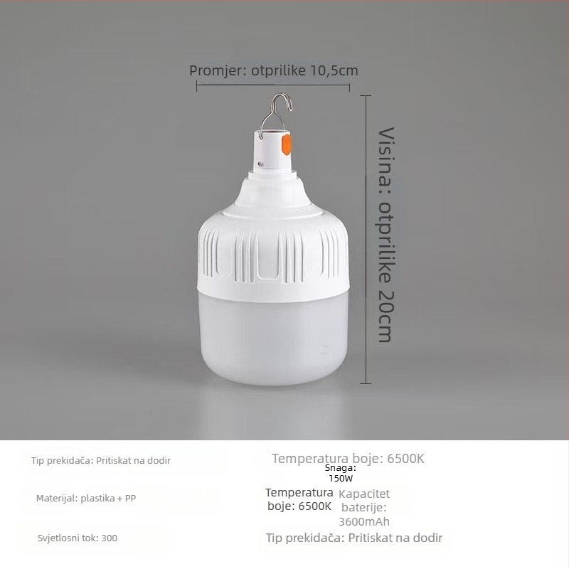 LED kamping svjetiljka s USB punjenjem, 5V, 10W, gumb prekidač