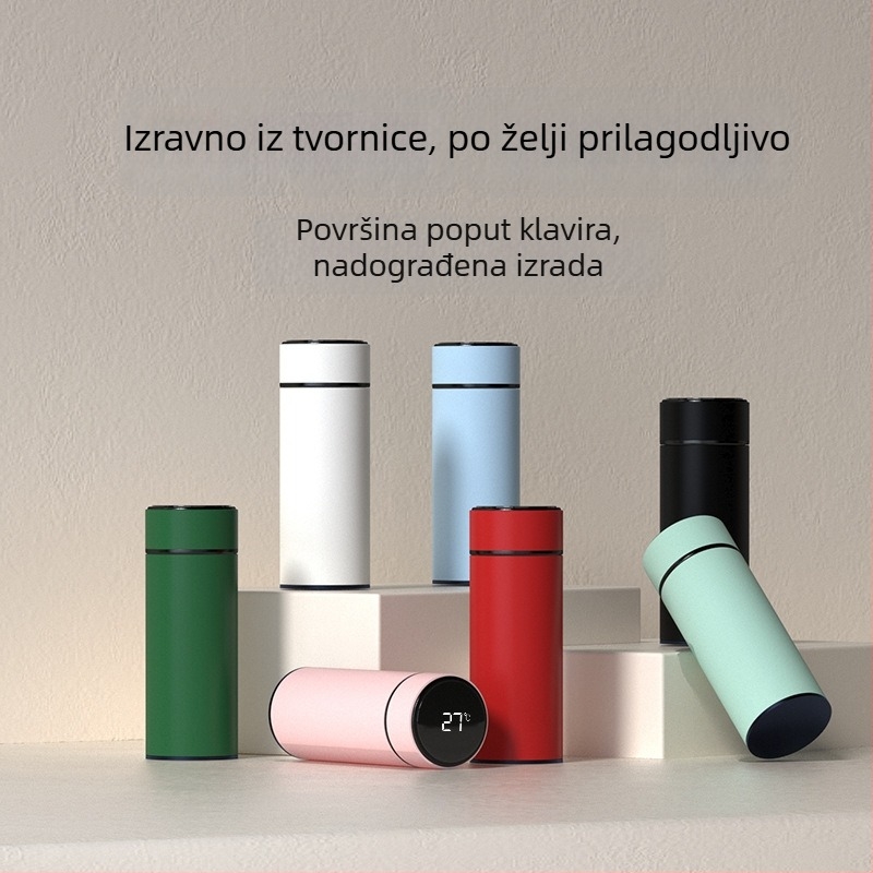 Termos šalice s inteligentnim prikazom temperature, odvajanje čaja i vode, unutarnja 304 nehrđajućeg čelika, ravni oblik, izolacija 6–12 sati