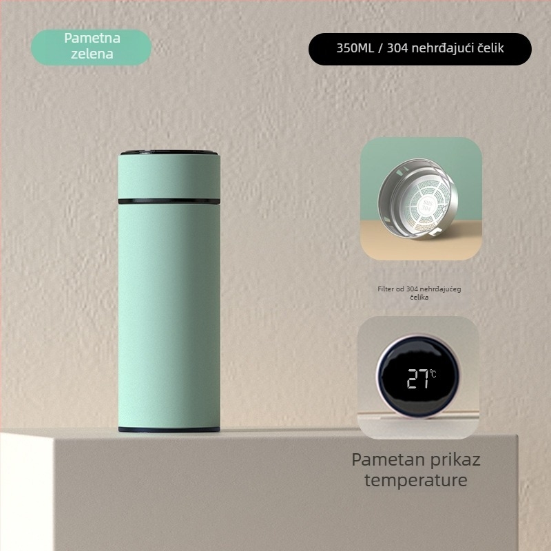 Termos šalice s inteligentnim prikazom temperature, odvajanje čaja i vode, unutarnja 304 nehrđajućeg čelika, ravni oblik, izolacija 6–12 sati