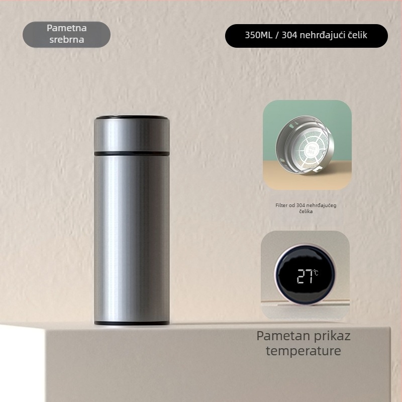 Termos šalice s inteligentnim prikazom temperature, odvajanje čaja i vode, unutarnja 304 nehrđajućeg čelika, ravni oblik, izolacija 6–12 sati