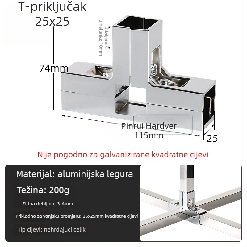 Konektor aluminijskog legura za kvadratnu cijev, za DIY police i sušilice za odjeću, višestruko spajanje