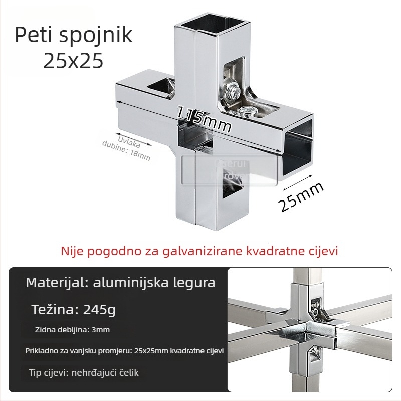 Konektor aluminijskog legura za kvadratnu cijev, za DIY police i sušilice za odjeću, višestruko spajanje