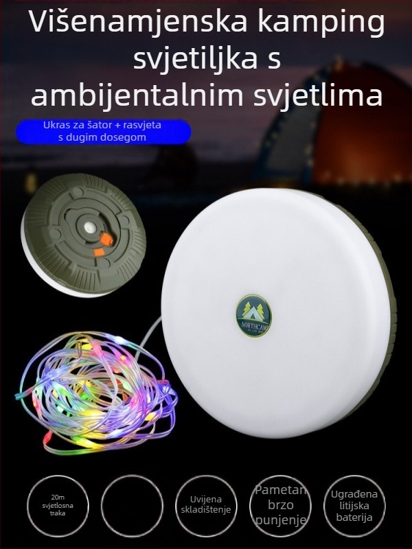 LED kamping svjetlo s 20 m nizom, napajanje baterijom, 3,7 V, 5 W, gumbeni prekidač