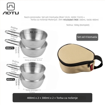 Set posuđa od 304 nehrđajućeg čelika za kampiranje, sklopive zdjele i štapići za jelo, prijenosno, 504 g, za 2–3 osobe, model AT6446, brenda Bump