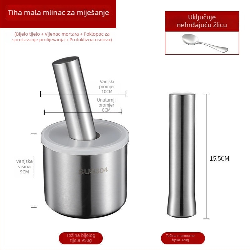 Preša za češnjak od 304 nehrđajućeg čelika, čvrsti pestle, ručna, tradicionalni kuhinjski mljevenje