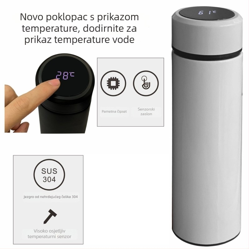 Termos šalica s vakuum izolacijom, unutarnja 304 nehrđajući čelik, vanjska 201 nehrđajući čelik, otisak loga toplim prijenosom, pravilan oblik, lagani luksuz