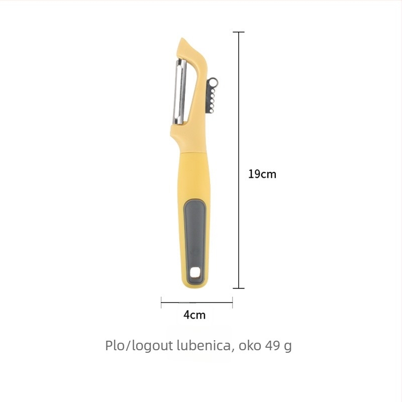 Set kuhinjskih gadgeta: olovivač, tortna špahtula, reznik voća i otvarač boce; drške od drveta/PP; ABS dijelovi; oštrice od 430 nehrđajućeg čelika.