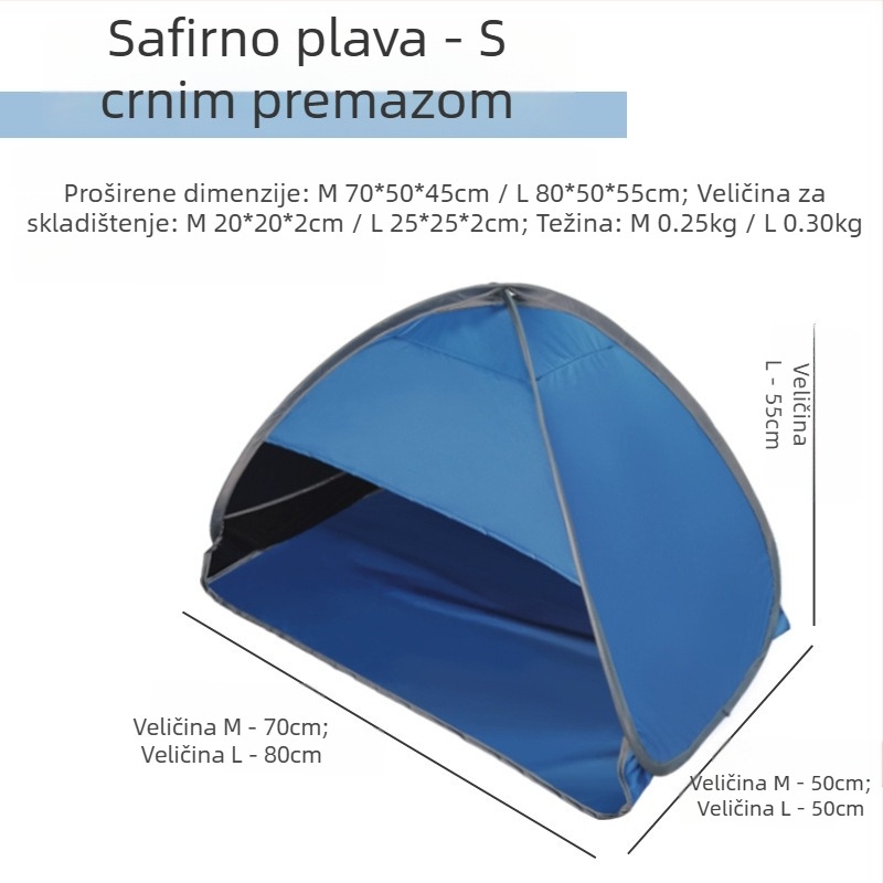 Šator za glavu za spavanje, brzo otvaranje, jednovrstni; težina 1,0 kg; šipke od galvaniziranog željeza; unutarnji materijal 190T srebrno premazani poliester Oxford; vanjski materijal Oxford; vodootpornost vanjskog <1000 mm; sva godišnja doba