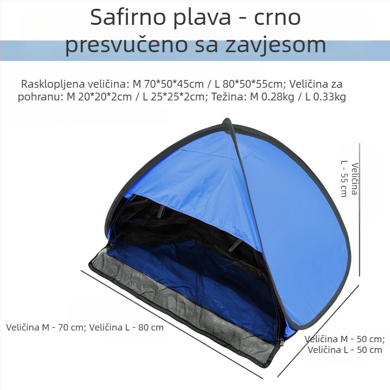 Šator za glavu za spavanje, brzo otvaranje, jednovrstni; težina 1,0 kg; šipke od galvaniziranog željeza; unutarnji materijal 190T srebrno premazani poliester Oxford; vanjski materijal Oxford; vodootpornost vanjskog <1000 mm; sva godišnja doba