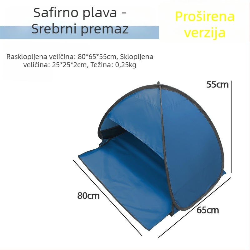 Šator za glavu za spavanje, brzo otvaranje, jednovrstni; težina 1,0 kg; šipke od galvaniziranog željeza; unutarnji materijal 190T srebrno premazani poliester Oxford; vanjski materijal Oxford; vodootpornost vanjskog <1000 mm; sva godišnja doba