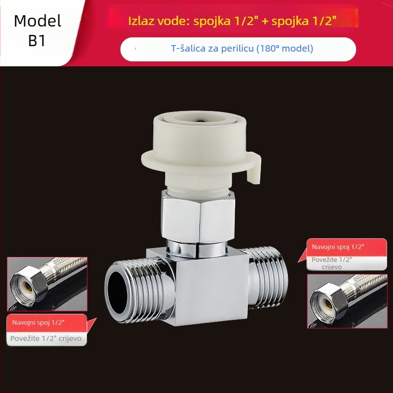Tee za perilicu Quick-Connect: troputni priključak, ulaz-izlaz 1-2, mesing, keramički disk jezgre ventila