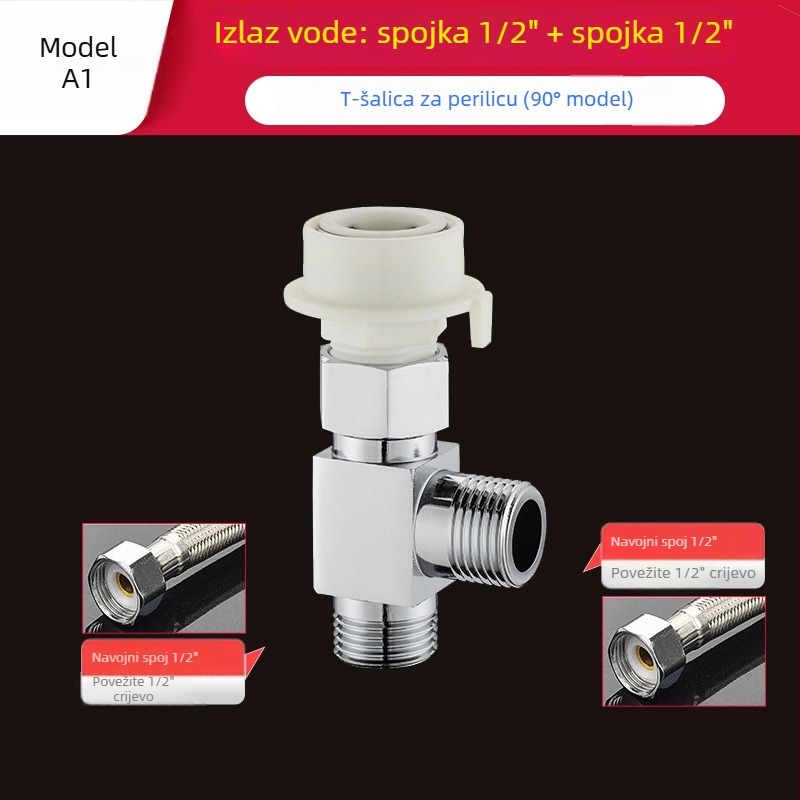 Tee za perilicu Quick-Connect: troputni priključak, ulaz-izlaz 1-2, mesing, keramički disk jezgre ventila