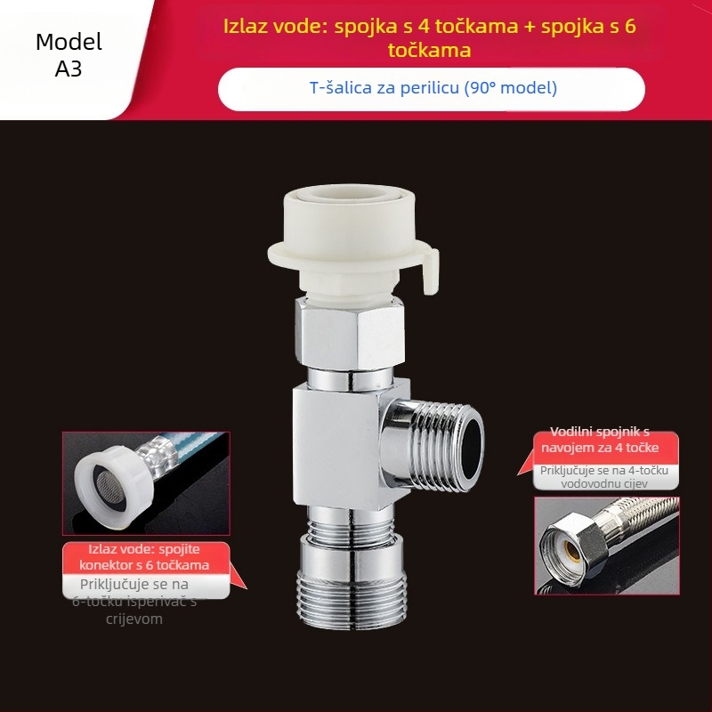Tee za perilicu Quick-Connect: troputni priključak, ulaz-izlaz 1-2, mesing, keramički disk jezgre ventila
