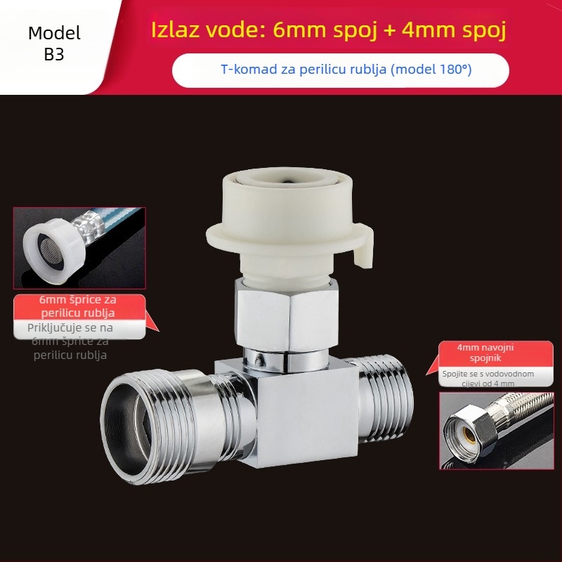 Tee za perilicu Quick-Connect: troputni priključak, ulaz-izlaz 1-2, mesing, keramički disk jezgre ventila