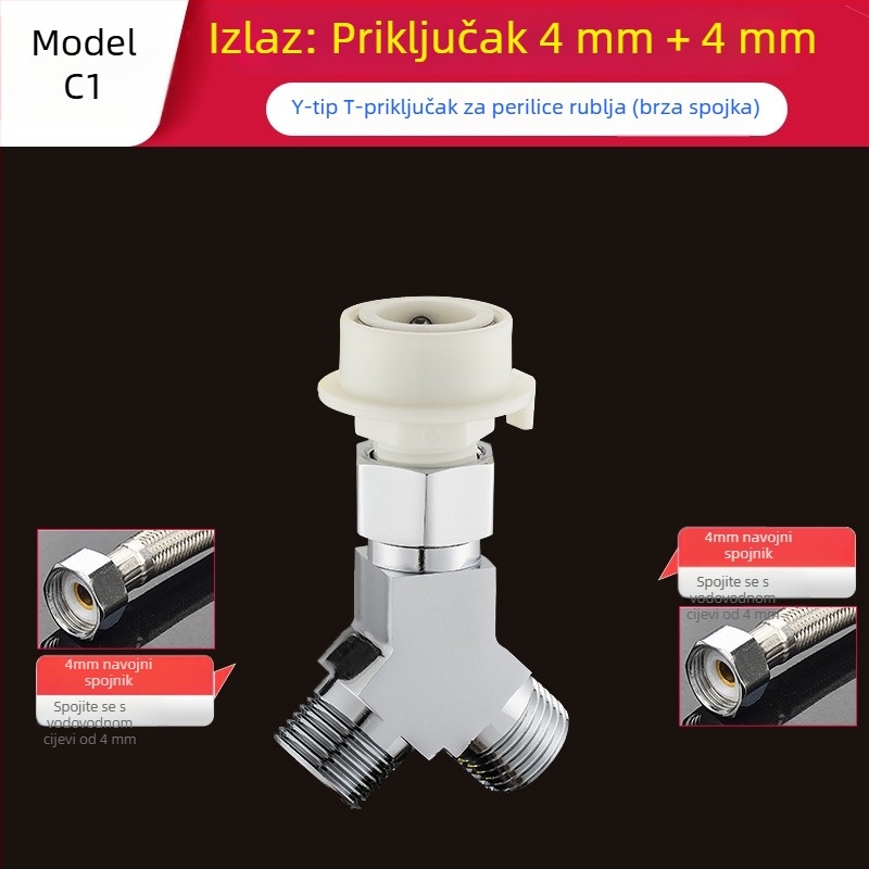 Tee za perilicu Quick-Connect: troputni priključak, ulaz-izlaz 1-2, mesing, keramički disk jezgre ventila