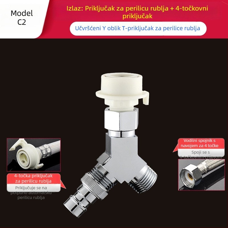 Tee za perilicu Quick-Connect: troputni priključak, ulaz-izlaz 1-2, mesing, keramički disk jezgre ventila