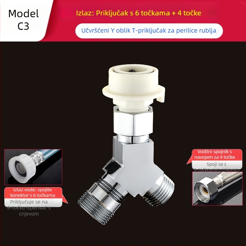 Tee za perilicu Quick-Connect: troputni priključak, ulaz-izlaz 1-2, mesing, keramički disk jezgre ventila