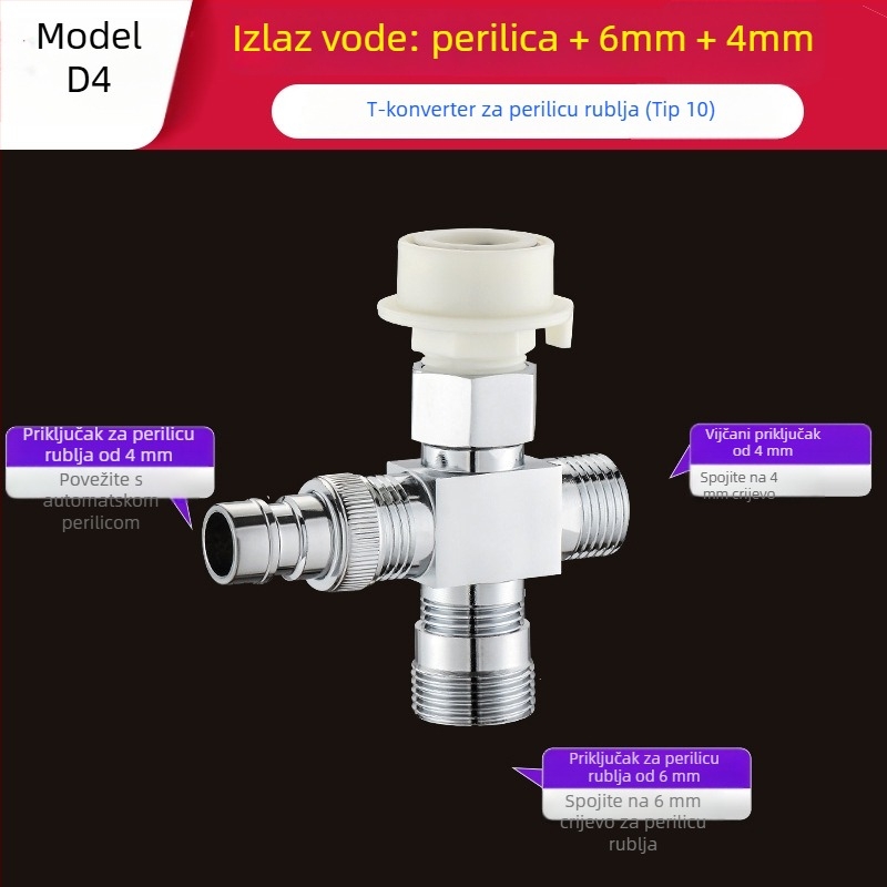 Tee za perilicu Quick-Connect: troputni priključak, ulaz-izlaz 1-2, mesing, keramički disk jezgre ventila