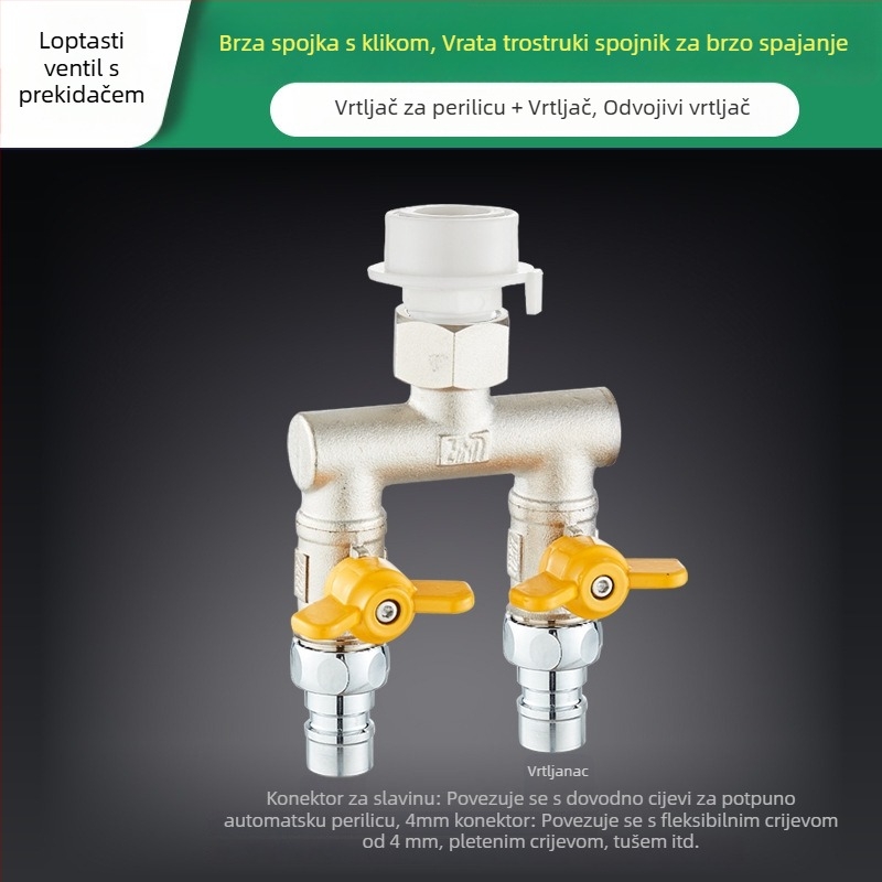 Tee za perilicu Quick-Connect: troputni priključak, ulaz-izlaz 1-2, mesing, keramički disk jezgre ventila