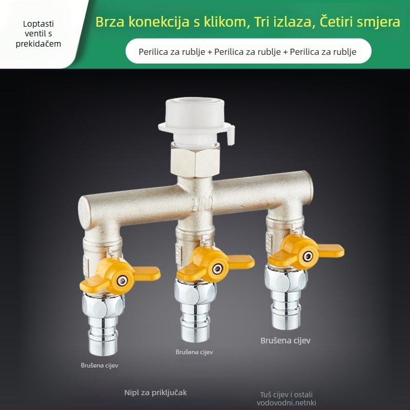 Tee za perilicu Quick-Connect: troputni priključak, ulaz-izlaz 1-2, mesing, keramički disk jezgre ventila