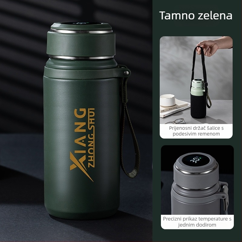 Termos šalica s užetom za nošenje, unutarnji spremnik od 316 nehrđajućeg čelika, vanjski omotač od 201 nehrđajućeg čelika, vakuumska izolacija 6–12 sati, prilagodljiv logo