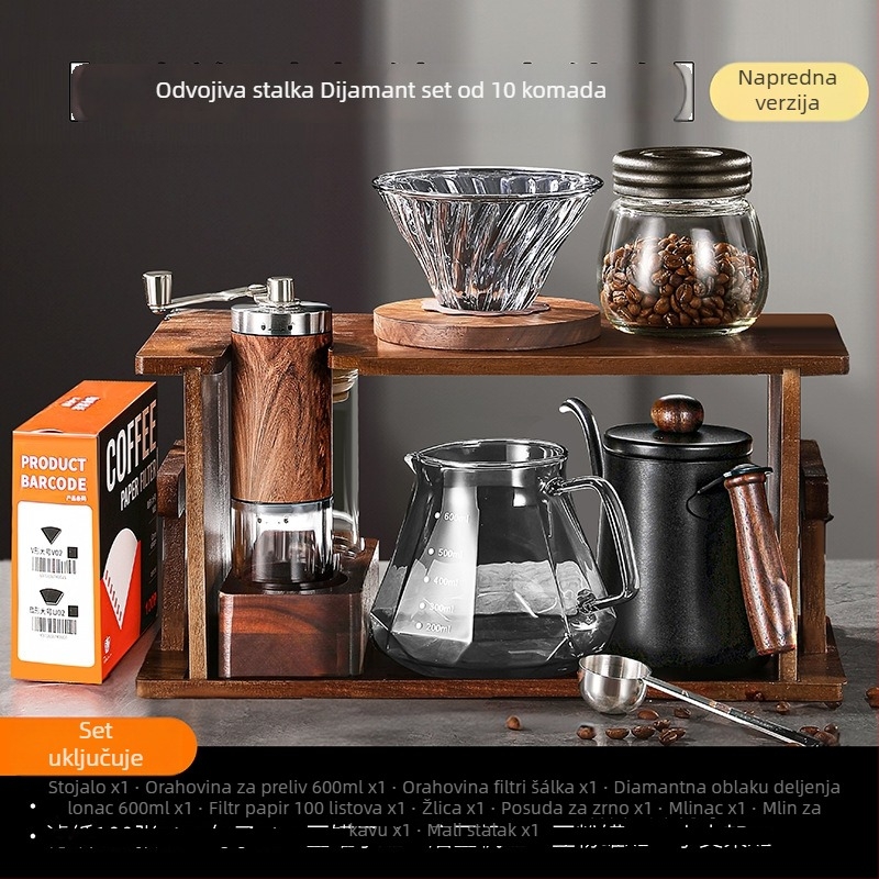 Set za kavu pour-over s drvenim držačem, ručnim mlincem i kućnom upotrebom
