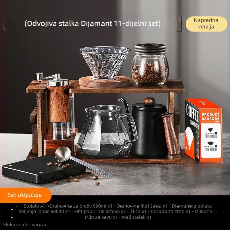Set za kavu pour-over s drvenim držačem, ručnim mlincem i kućnom upotrebom