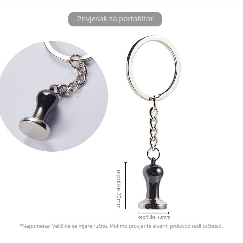 Set za kavu – ključni lanac s motivom moka lonca; uključuje mlinac za zrnje i prešu za prašak; površina s podjelom boja; moderan jednostavan stil; otisnut logotip