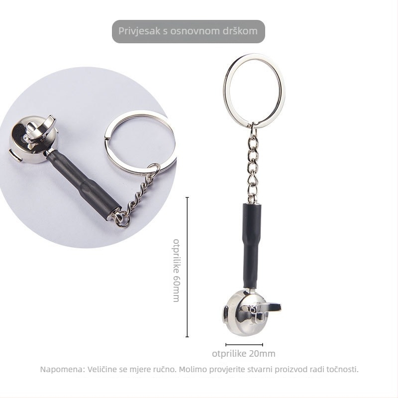 Set za kavu – ključni lanac s motivom moka lonca; uključuje mlinac za zrnje i prešu za prašak; površina s podjelom boja; moderan jednostavan stil; otisnut logotip