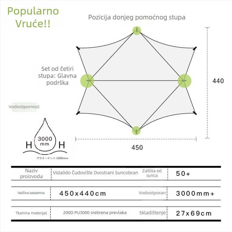 Vanjska šator s baldahinom za kampiranje s leptirovim oblikom, Oxford tkanina, vodootpornost 3000 mm, ručno sastavljanje, željezni okvir