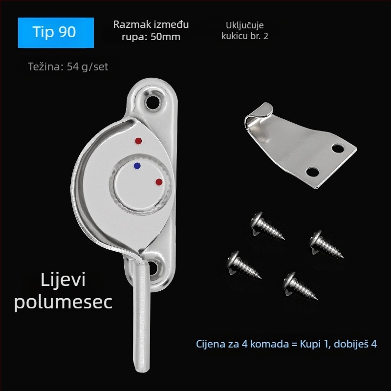 4-kom Crescent prozorska brava set – lijeva/desna Crescent, Monlech sigurnosna Crescent brava od nehrđajućeg čelika, kućište od nehrđajućeg čelika + kromirana osnova