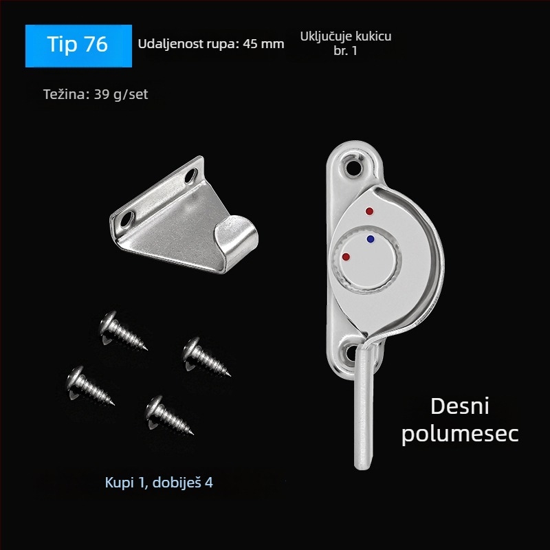 4-kom Crescent prozorska brava set – lijeva/desna Crescent, Monlech sigurnosna Crescent brava od nehrđajućeg čelika, kućište od nehrđajućeg čelika + kromirana osnova