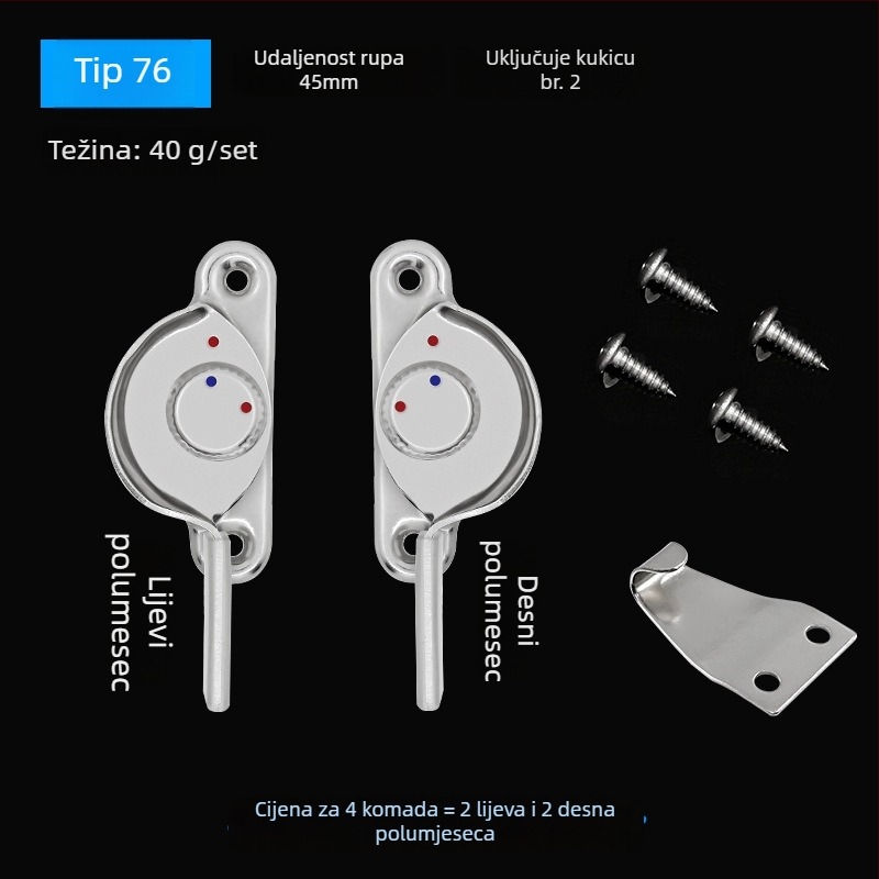 4-kom Crescent prozorska brava set – lijeva/desna Crescent, Monlech sigurnosna Crescent brava od nehrđajućeg čelika, kućište od nehrđajućeg čelika + kromirana osnova