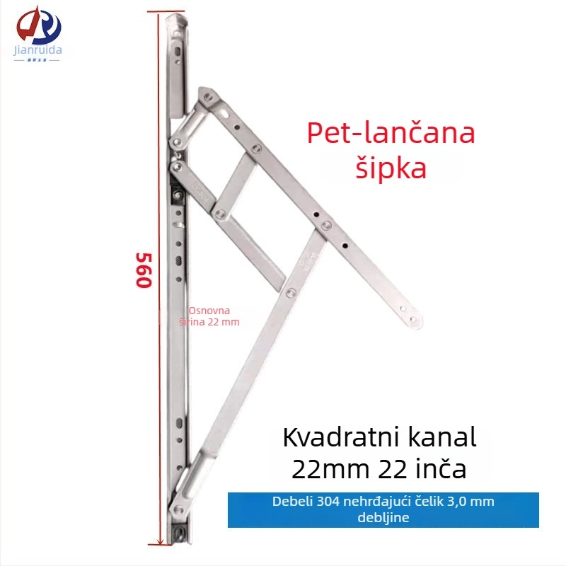 Panta za prozor kasement, Tip 50, nehrđajući čelik 201/304, 22‑kvadratni utor, četverolink podrška protiv vjetra