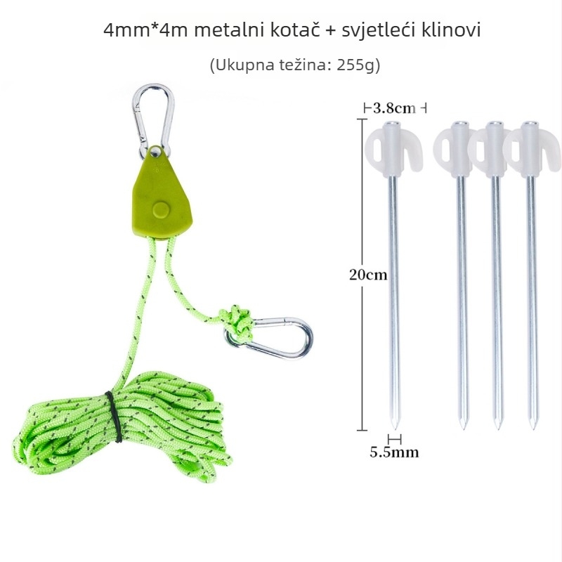 Pribor za šator: klizač za trake, metalna kolotnica, 4 mm užad, reflektirajuća užad
