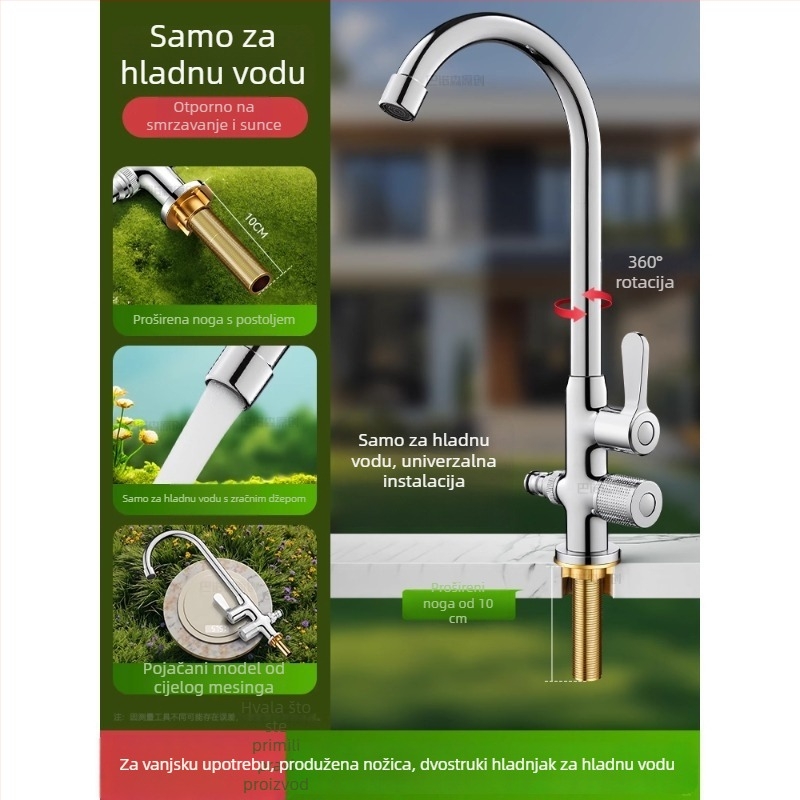 Vanjski anti-smrzavajući vodovodni čep za vanjski umivaonik, mjed, 360° rotirajući miješajući mjedni, keramički disk ventil, model s produženom maticom, 0–99°C