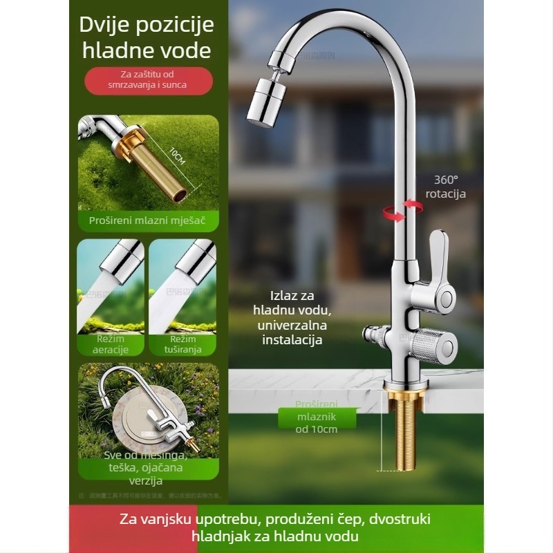 Vanjski anti-smrzavajući vodovodni čep za vanjski umivaonik, mjed, 360° rotirajući miješajući mjedni, keramički disk ventil, model s produženom maticom, 0–99°C