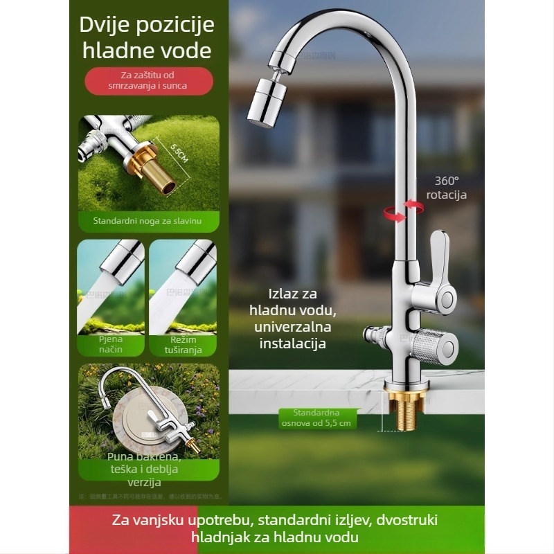 Vanjski anti-smrzavajući vodovodni čep za vanjski umivaonik, mjed, 360° rotirajući miješajući mjedni, keramički disk ventil, model s produženom maticom, 0–99°C